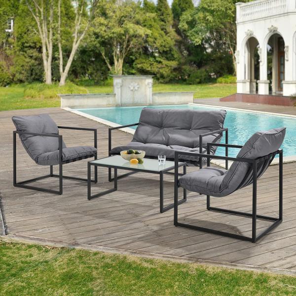 Gartenmöbel Set Dallas 4-teilig mit Polsterkissen Schwarz/Grau casa. pro