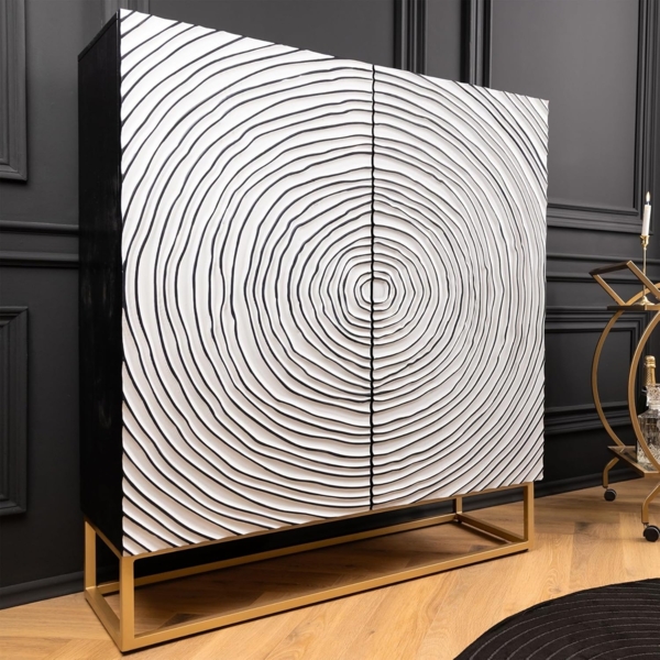 riess-ambiente Highboard ZEN CIRCLES 120cm weiß / schwarz / gold (Einzelartikel, 1 St), Massivholz · Metall · Anrichte · Kommode · 3D-Front · Modern Design