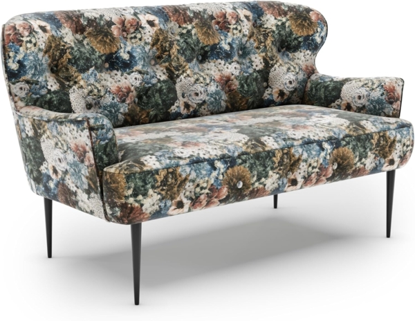 CAVADORE 2-Sitzer Küchensofa Amba, Trendige Sitzbank für Küche oder Esszimmer / 153 x 97 x 87 / Jacquard Flachgewebe: Blumenmuster Blau