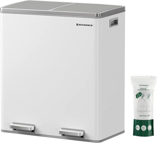 Songmics Mülleimer mit 2 Fächern und Softclose, luftdicht inkl. Müllbeutel, Metall, 60 (2x30) Liter, Weiß