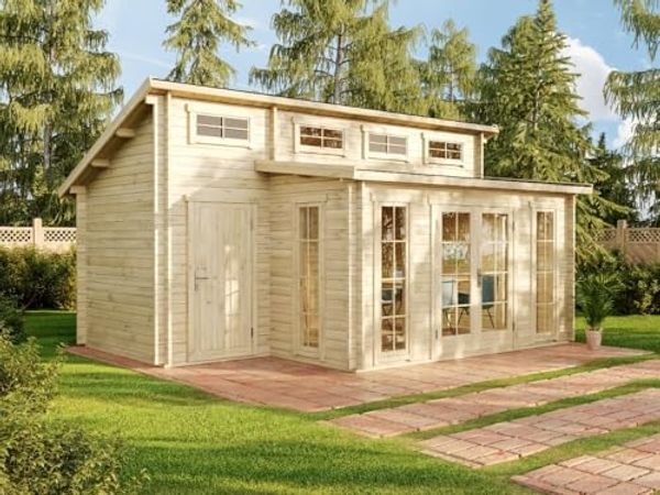 Alpholz Gartenhaus Lausitz mit Anbau Gartenhaus aus Holz Holzhaus mit 40 mm Wandstärke Blockbohlenhaus mit Montagematerial