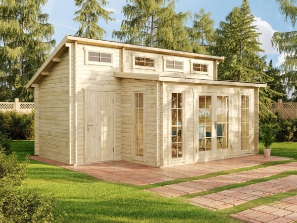 Alpholz Gartenhaus Lausitz ISO mit Anbau Gartenhaus aus Holz Holzhaus mit 40 mm Wandstärke Blockbohlenhaus