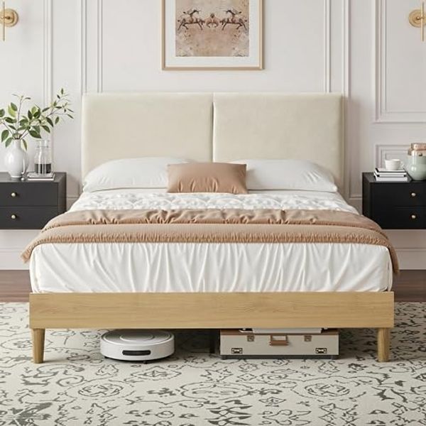 VECELO Polsterbett 140x200 cm, Doppelbett mit Höhenverstellbarem Kopfteil, Baumwoll Leinen Stoff, Stabiler Lattenrost, Geräuscharm und Einfach montierbar, für Schlafzimmer und Gästezimmer, Beige