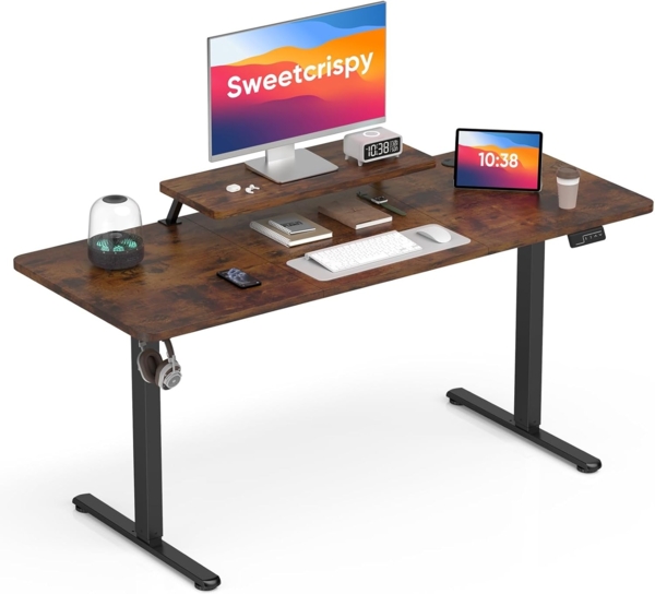 Sweetcrispy Höhenverstellbarer Schreibtisch mit Monitorständer, 160x60 cm Schreibtisch Höhenverstellbar Elektrisch, Ergonomischer Steh-Sitz Tisch, Computertisch Standing Desk, Vintagebraun