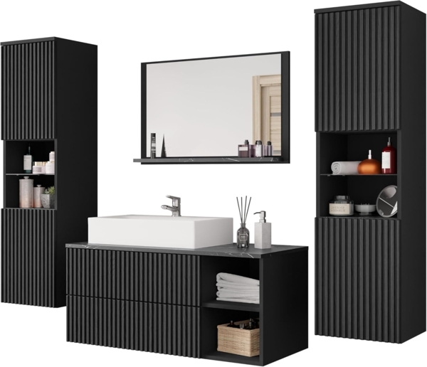 Badmöbel-Set Kormen Rillen III (Farbe: Schwarz / Schwarz Rillen + Schwarzer Marmor)
