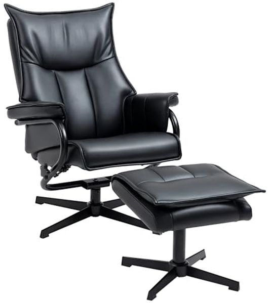 HOMCOM Polsterstuhl drehbarer Relaxsessel mit Hocker (Ruhesessel, 2 St), für Wohnzimmer, Büro, Kunstleder, Stahl, Schwarz