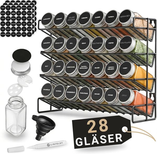 LINFELDT Gewürzregal Gewürzregal 28 Gläser + 108x Sticker, Stift, Schrauben zum Aufhängen