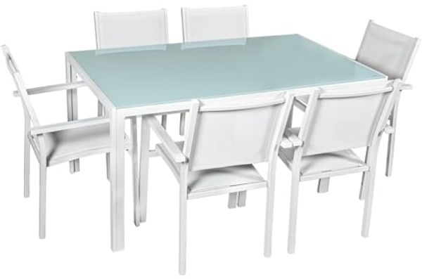 DRW Esstisch-Set und 6 Stühle aus Aluminium-Textilene, weiß, 150 x 90 x 74 cm