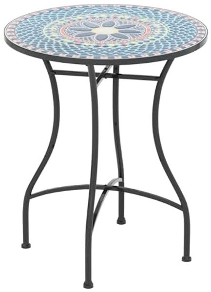 FANTASK Runder Bistrotisch, Beistelltisch mit Mosaikplatte, Sitzgarnitur bis 50kg, Balkonmöbel, Gartenmöbel, für Terrasse, Garten & Balkon (Blau)