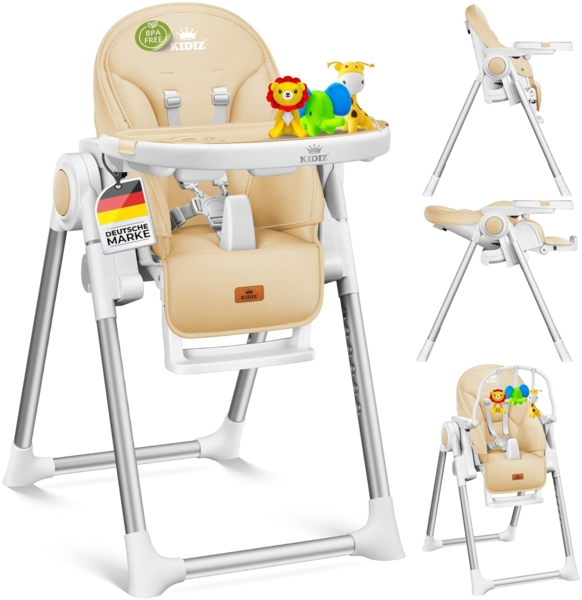 KIDIZ® 3in1 Hochstuhl Kinderhochstuhl inkl. Spielbügel , Babyliege , Kombihochstuhl Babyhochsitz ,7 höhenverstellbar Verstellbare Rückenlehne , mitwachsend ab 0 Monate bis 6 Jahre Babystuhl Beige