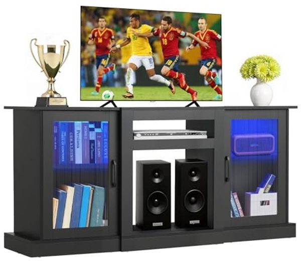 VEVOR TV-Ständer für Fernseher bis zu 65 Zoll, TV Tisch mit Lichtleiste, TV-Schrank aus Holz mit Türen & verstellbaren Regalen, Konsolentisch Fernsehschrank für Wohnzimmer Schlafzimmer, Schwarz