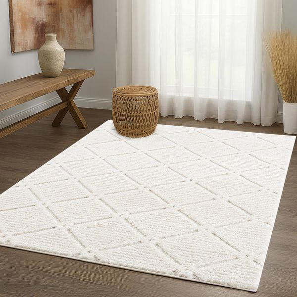 Teppich Wohnzimmer Hochflor - Boho - Cream - 120x170cm - Einfarbig - Modern Raute Meliert Muster - Skandinavisch Flauschig Weich - Wohnteppich Schlafzimmer Dekoration
