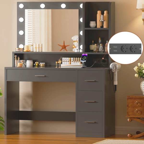 JUMMICO Schminktisch mit LED Beleuchtung und Steckdosen, Schminktisch mit Spiegel Kosmetiktisch mit 4 Schublade 10 LED Glühbirne, Schwarz