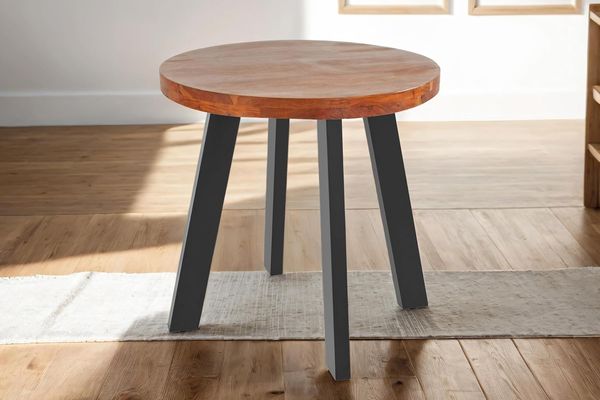SAM Runder Esszimmertisch 90 cm Sophia, Akazienholz massiv, Esstisch nussbaumfarben, 4-Fuß-Gestell Metall schwarz, Holztisch Industrial, aufgedoppelte Tischplatte 50(25+25mm), FSC® 100% Zertifiziert