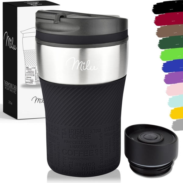 Milu Thermobecher Isolierbecher Kaffeebecher to go - 210ml 100% Auslaufsicher - Trinkbecher aus Edelstahl - Autobecher doppelwand Isolierung - Thermo Becher - Travel Mug (Schwarz) Bild 1