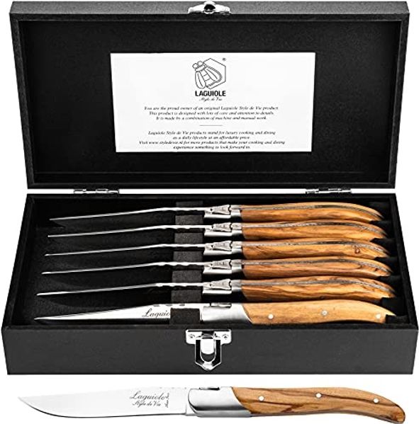 Laguiole Style de Vie Steakmesser LAGUIOLE STEAKMESSER SET "LUXIVIO", Edelstahl, Olivenholz, 6 Messer (6 Stück)