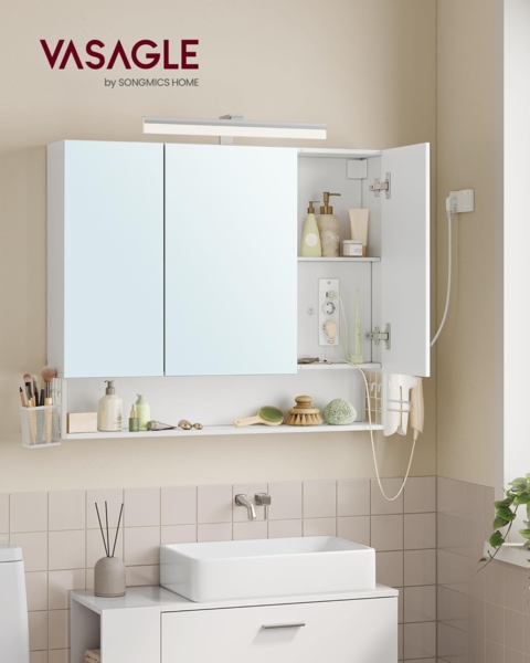 VASAGLE Badezimmerschrank mit 3 Türen, Spiegelschrank, Wandschrank, Steckdosen, Hängekorb, Haartrockner-Halter, viel Stauraum, für Badezimmer, 16,5 x 90 x 75 cm, wolkenweiß BBK136W01 Bild 2