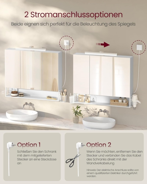 VASAGLE Badezimmerschrank mit 3 Türen, Spiegelschrank, Wandschrank, Steckdosen, Hängekorb, Haartrockner-Halter, viel Stauraum, für Badezimmer, 16,5 x 90 x 75 cm, wolkenweiß BBK136W01 Bild 7