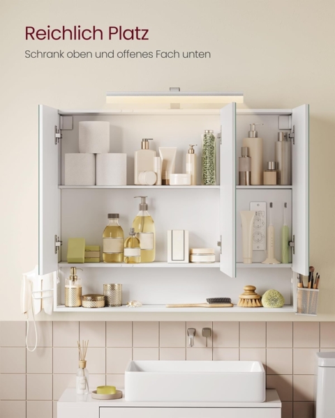 VASAGLE Badezimmerschrank mit 3 Türen, Spiegelschrank, Wandschrank, Steckdosen, Hängekorb, Haartrockner-Halter, viel Stauraum, für Badezimmer, 16,5 x 90 x 75 cm, wolkenweiß BBK136W01 Bild 4