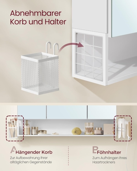 VASAGLE Badezimmerschrank mit 3 Türen, Spiegelschrank, Wandschrank, Steckdosen, Hängekorb, Haartrockner-Halter, viel Stauraum, für Badezimmer, 16,5 x 90 x 75 cm, wolkenweiß BBK136W01 Bild 6