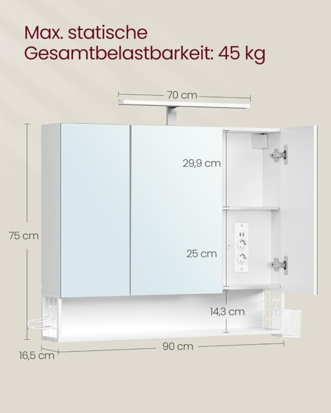 VASAGLE Badezimmerschrank mit 3 Türen, Spiegelschrank, Wandschrank, Steckdosen, Hängekorb, Haartrockner-Halter, viel Stauraum, für Badezimmer, 16,5 x 90 x 75 cm, wolkenweiß BBK136W01 Bild 3