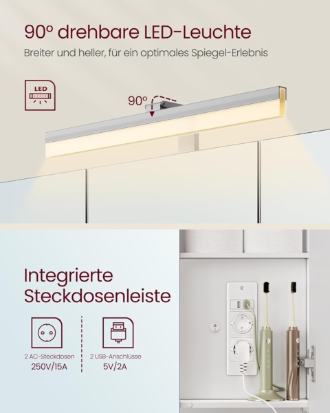 VASAGLE Badezimmerschrank mit 3 Türen, Spiegelschrank, Wandschrank, Steckdosen, Hängekorb, Haartrockner-Halter, viel Stauraum, für Badezimmer, 16,5 x 90 x 75 cm, wolkenweiß BBK136W01 Bild 5