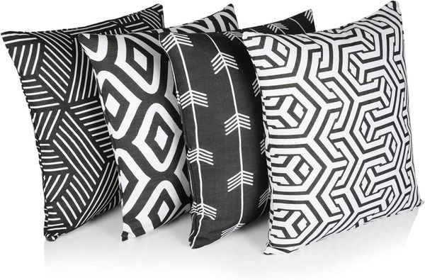 Penguin Home 4Er - Pack Dekorative Quadratische Kissen Aus Baumwolle, Luxuriöse, Stilvolle Für Wohnzimmer, Sofa, Schlafzimmer, Mit Unsichtbarem Reißverschluss, 45X45 cm (18"),Schwarz/Weiß - Mischen
