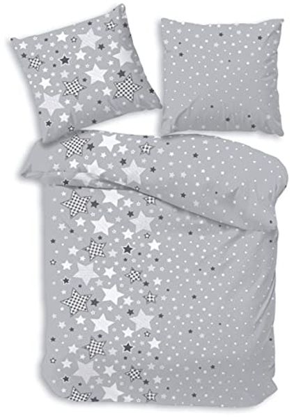 MTOnlinehandel Bettwäsche Sterne 135x200 + 80x80 cm, 100 % Baumwolle, Biber, 2 teilig, Kinderbettwäsche mit vielen Sternen und Sternchen in grau & weiß
