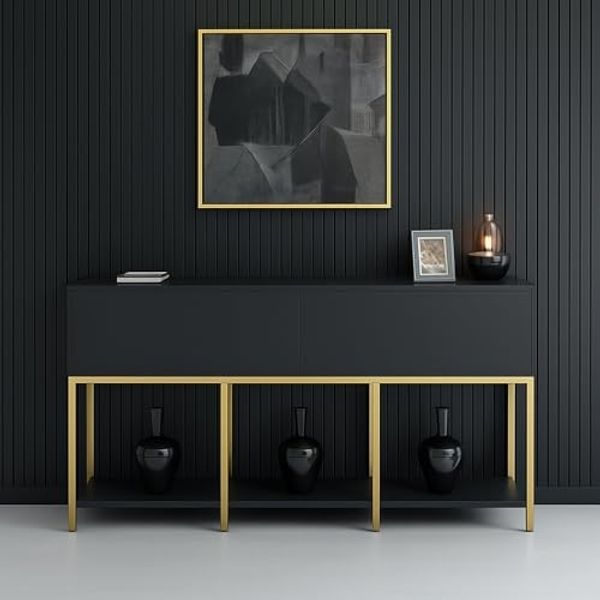 Dmora - Kommode Altair, Wohnzimmerbuffet, Wohnzimmer-Sideboard, Moderne Küchen-Speisekammer, 150x30h80 cm, Anthrazit und Gold