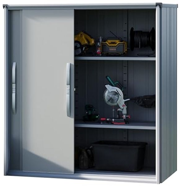 GFP Geräteschrank Metall 180 x 75 x 191 cm Gartenschrank wetterfest mit Schiebetür in grau inkl. Fußboden