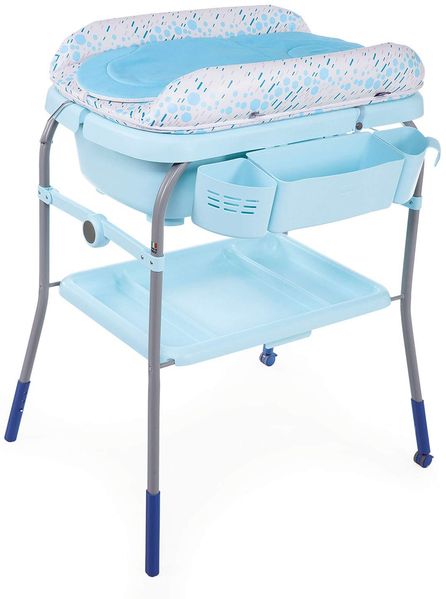 Chicco Cuddle und Bubble Ergonomische Baby-Wickelwanne mit Matratze und weicher Wickelauflage, höhenverstellbar, kompakt schließbar, max. 11 kg, Blau
