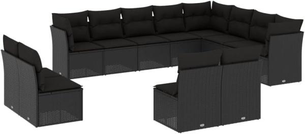 vidaXL 12-tlg. Garten-Sofagarnitur mit Kissen Schwarz Poly Rattan 3218465