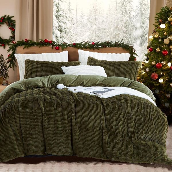 Lanqinglv Plüsch Bettwäsche 135x200 Grün Dunkelgrün Flauschig Langhaar Kunstfell Winterbettwäsche Warm Kuschelig Flanell Fleece Cashmere Touch Bettbezug mit Reißverschluss und 1 Kissenbezug 80x80 cm