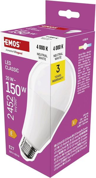 EMOS LED Lampe A80-Birne, 20W Ersatz für 150W Glühbirne, klassiche Birne in größerer Form, E27 Sockel, Helligkeit 2452 lm, Neutralweiß 4000 K, 30000 h Lebensdauer, CRI min. 80, 180° Abstrahlwinkel