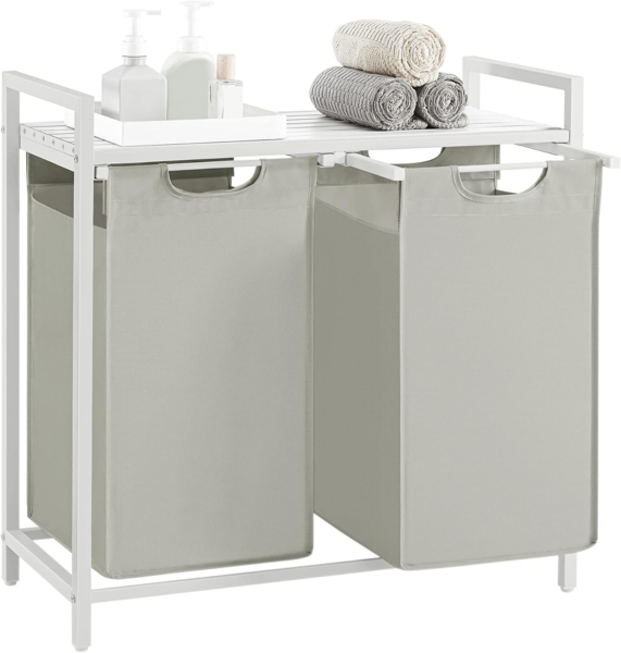Vasagle Wäschekorb mit 2 Fächer, Metallrahmen Weiß, 2x46 L / 73 x 33 x 72 cm