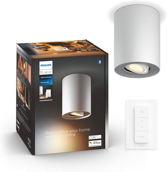 Philips Hue White Ambiance Pillar 1er Spot, inkl. GU10 LED-Lampe + Dimmschalter, steuerbar via App, kompatibel mit Amazon Alexa (Echo, Echo Dot), weiß, neue Generation
