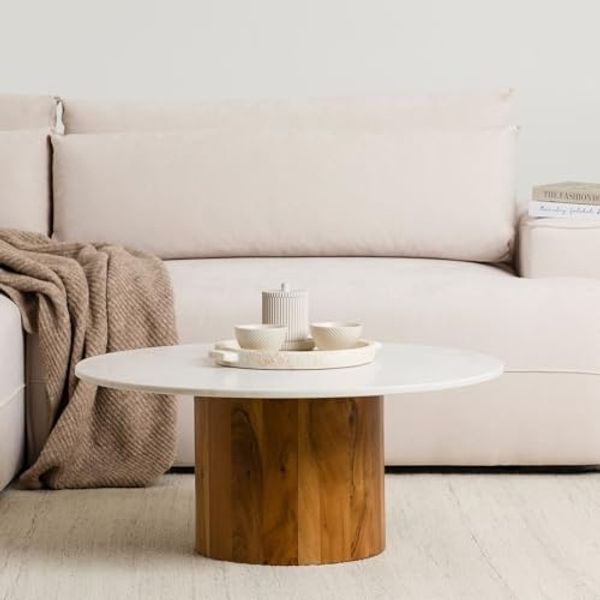 IDIMEX Couchtisch GANGA, Wohnzimmertisch rund 80 cm, mit Marmorplatte und Akazie Weiß/Natur