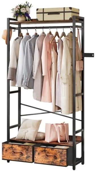 Yorbay Kleiderständer Garderobenständer mit 2 Schubladen & Aufbewahrungsbox,84x30x181 cm, 180kg Traglast,Retro Design für Schlafzimmer, Flur