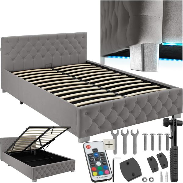 tectake Polsterbett Komfortbett mit LED-Leisten & Stauraum - Samtoptik mit Steppmuster (Bettset, in Dunkelgrau), stabiler Stahlrahmen, Belastbarkeit 250 kg