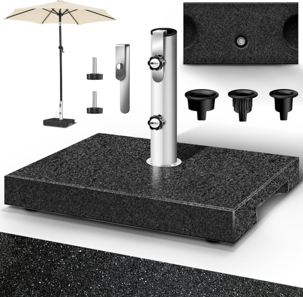 tillvex® Granit Sonnenschirmständer mit Transportgriff Anthrazit - 27 kg Rechteckig | Schirmständer Sonnenschirm mit Edelstahlrohr | Balkonschirmständer für Schirmstöcke 16-48 mm & 300 cm Schirmdurchmesser