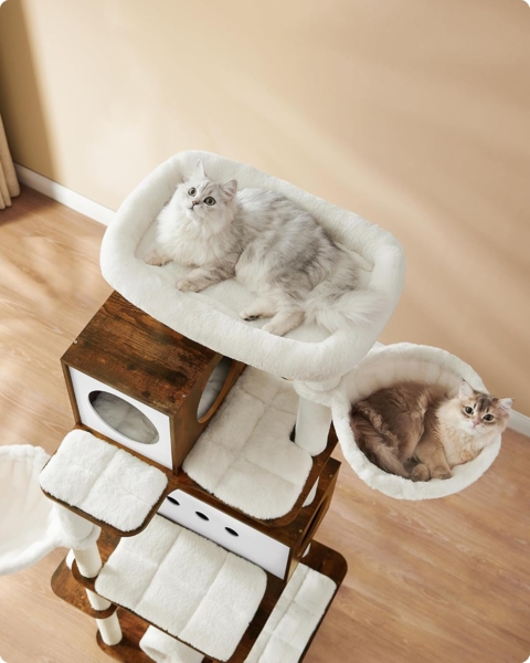 Feandrea Kratzbaum groß, 197 cm hoch, Katzenbaum XXL, modern, mehrstöckiges Katzenhaus mit 2 Höhlen, 2 Liegemulden, 4 Kratzstämmen, Katzenbürste, Tunnel, Plattformen, vintagebraun Bild 2