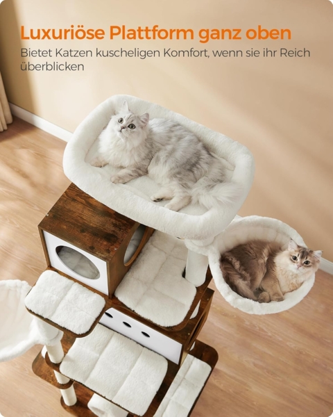 Feandrea Kratzbaum groß, 197 cm hoch, Katzenbaum XXL, modern, mehrstöckiges Katzenhaus mit 2 Höhlen, 2 Liegemulden, 4 Kratzstämmen, Katzenbürste, Tunnel, Plattformen, vintagebraun Bild 5