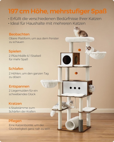 Feandrea Kratzbaum groß, 197 cm hoch, Katzenbaum XXL, modern, mehrstöckiges Katzenhaus mit 2 Höhlen, 2 Liegemulden, 4 Kratzstämmen, Katzenbürste, Tunnel, Plattformen, vintagebraun Bild 7