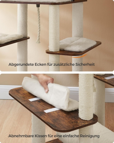 Feandrea Kratzbaum groß, 197 cm hoch, Katzenbaum XXL, modern, mehrstöckiges Katzenhaus mit 2 Höhlen, 2 Liegemulden, 4 Kratzstämmen, Katzenbürste, Tunnel, Plattformen, vintagebraun Bild 8