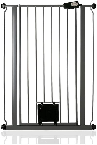 Bettacare Haustiergitter mit Verriegelbarer Katzenklappe, 68.5cm - 75cm, Schiefergrau, 104cm in der Höhe, Extra Hohes Haustier Sicherheitsgitter mit Katzenklappe, Einfache Installation