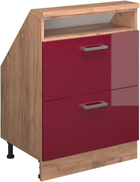 Dachschrägenschrank Rion Rot Hochglanz/Goldkraft Eiche mit 2 Schubladen Vicco