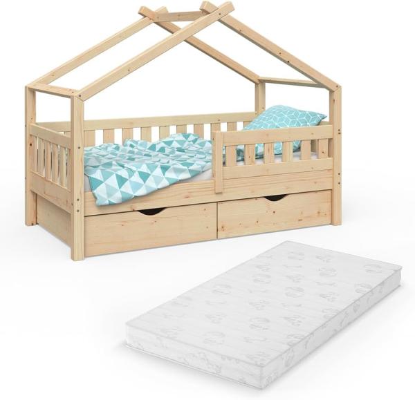 Hausbett Design Naturholz 80x160 cm mit 2 Schubladen und Matratze Vitalispa Bild 7