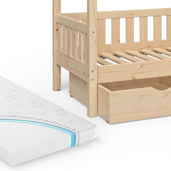 Hausbett Design Naturholz 80x160 cm mit 2 Schubladen und Matratze Vitalispa Bild 6