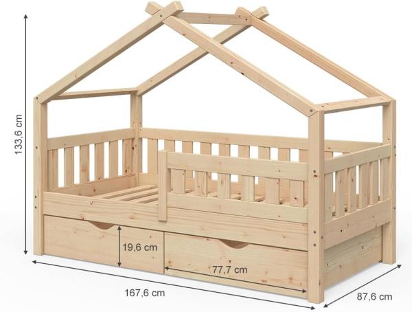 Hausbett Design Naturholz 80x160 cm mit 2 Schubladen und Matratze Vitalispa Bild 3
