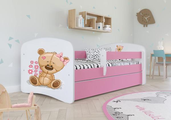 Kocot Kids 'Teddybär mit Blumen' Einzelbett pink/weiß 80x160 cm inkl. Rausfallschutz, Matratze, Schublade und Lattenrost